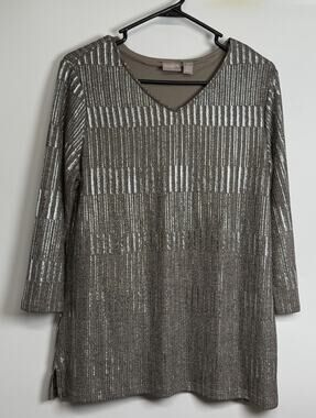 Chico's Women's Shimmer Metallic Tunic Top V-Neck 3/4 Sleeves Size 1 Medium 8